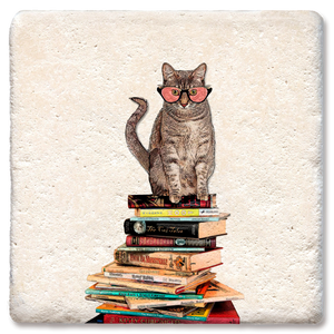 Cat Sitting on Books Coaster